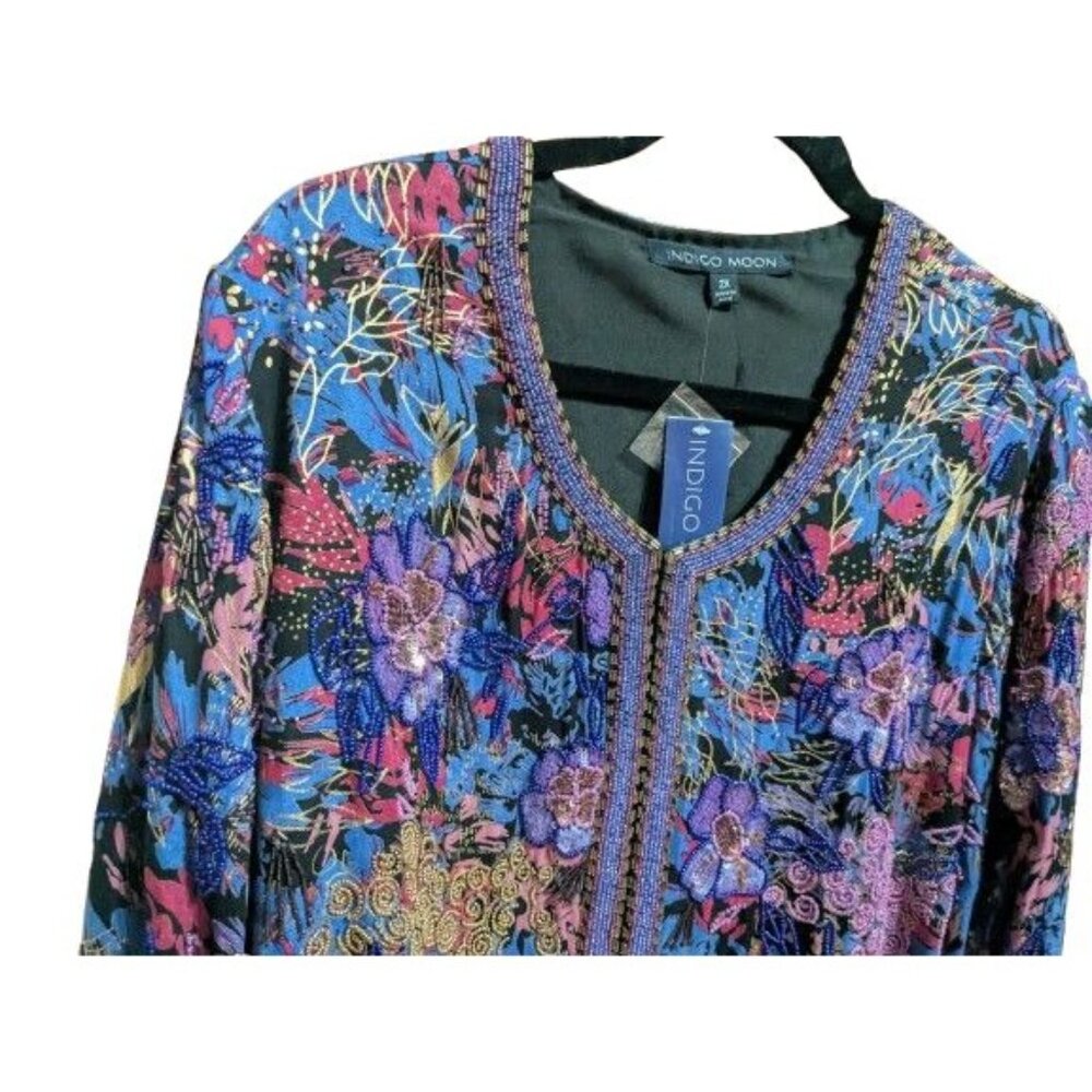 Indigo Moon Beaded Open Front Cardigan with Sequins sz XXL Purple Pink Gold NWT